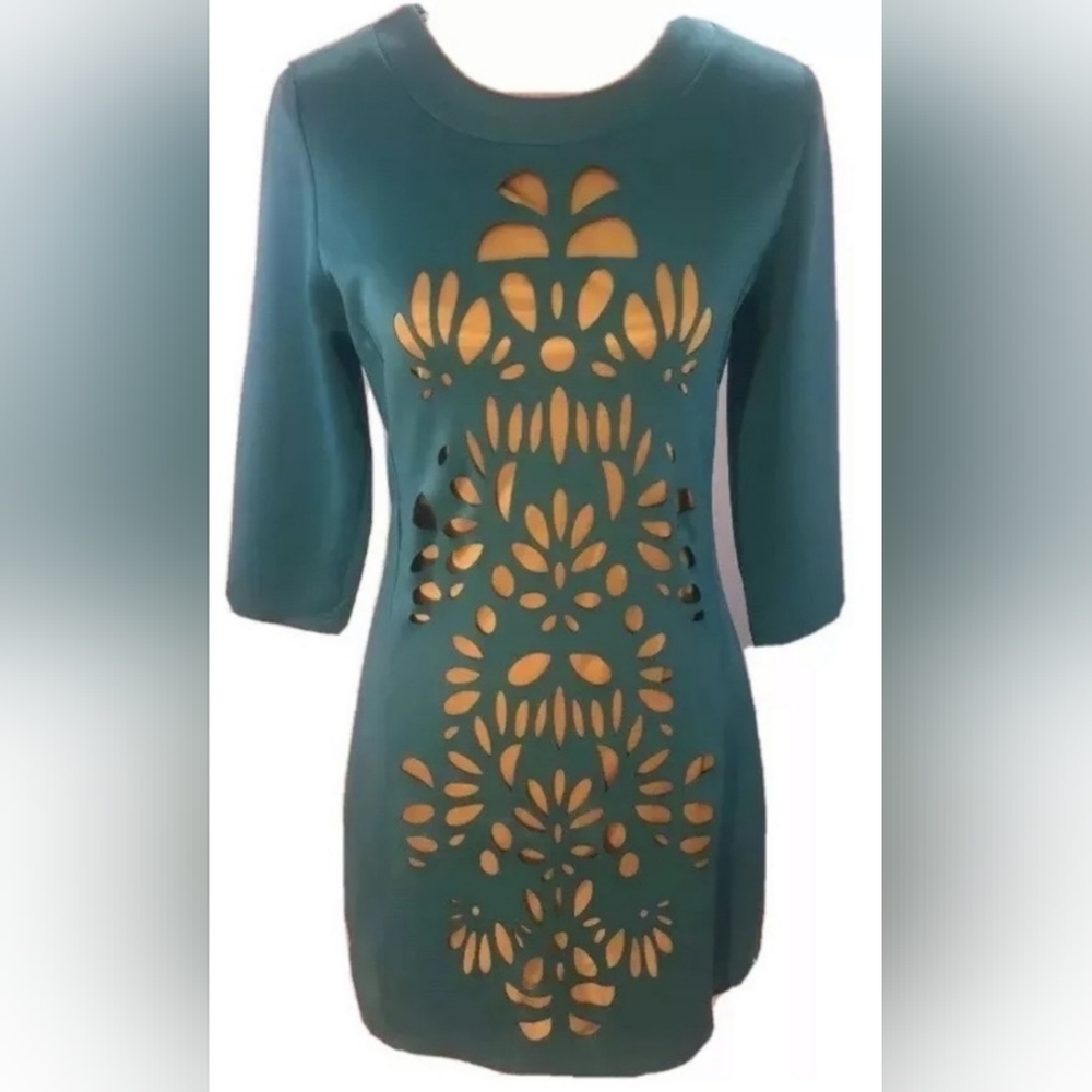 NWT ARYEH Laser cut Teal/Gold knit dress Sz M